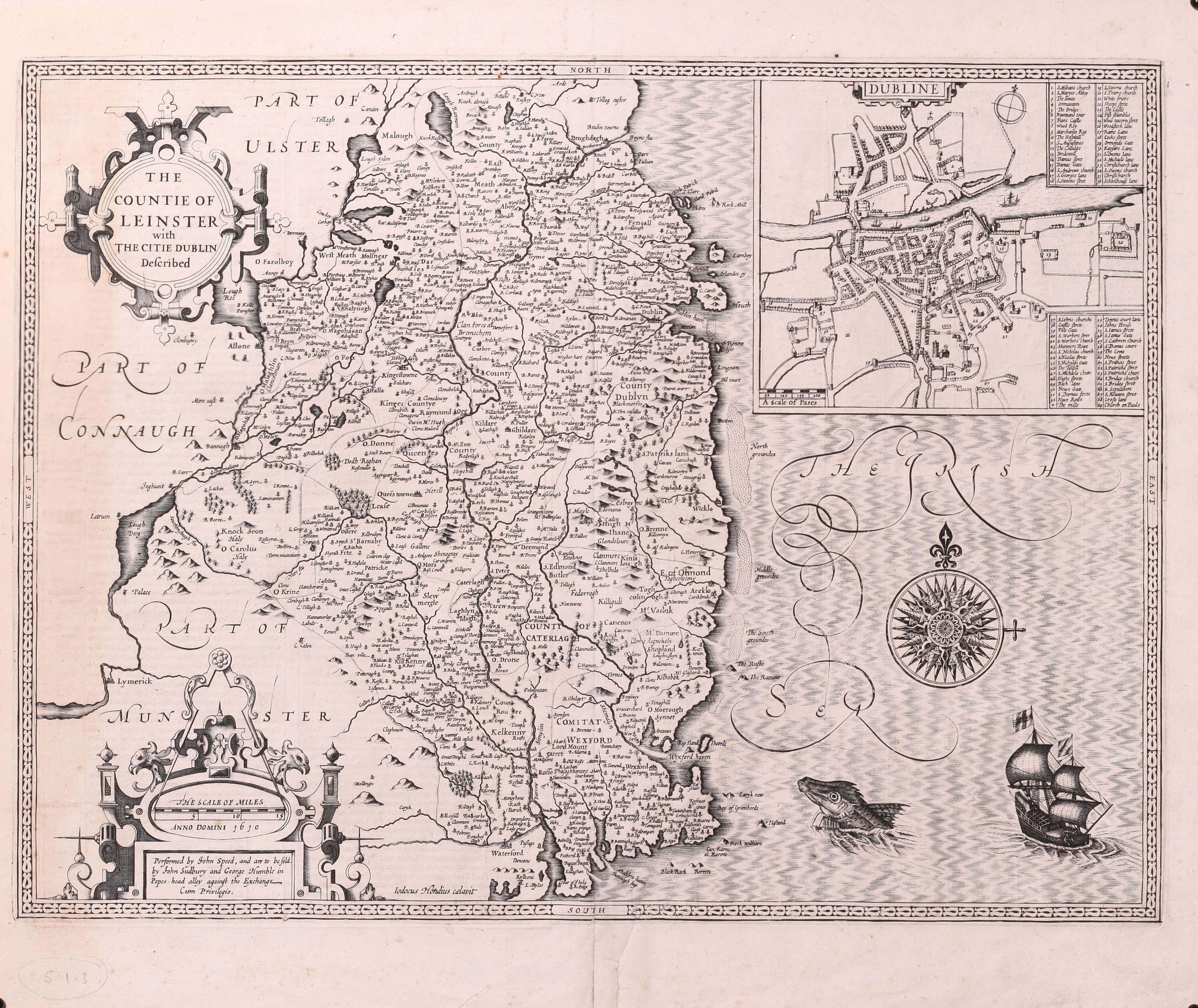 Leinster DUBLIN 17c map Full Size Printed  Replica Old  John Speed c.1610.